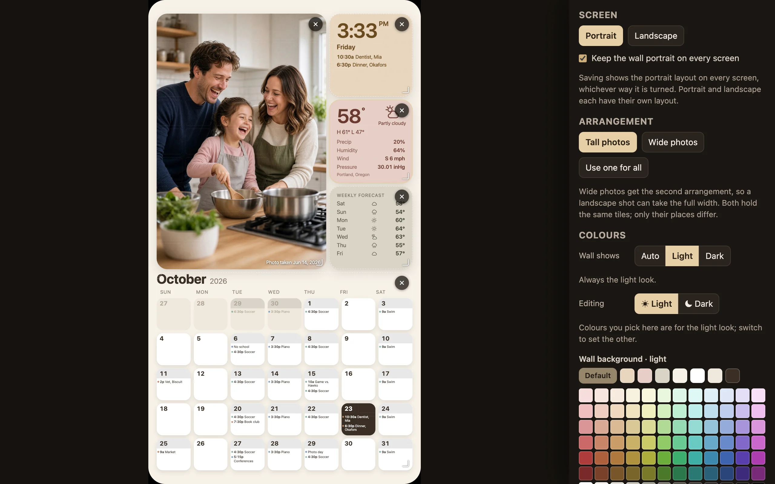 The layout editor: the wall on the left with dashed outlines around each tile, and a panel on the right listing tiles to add.