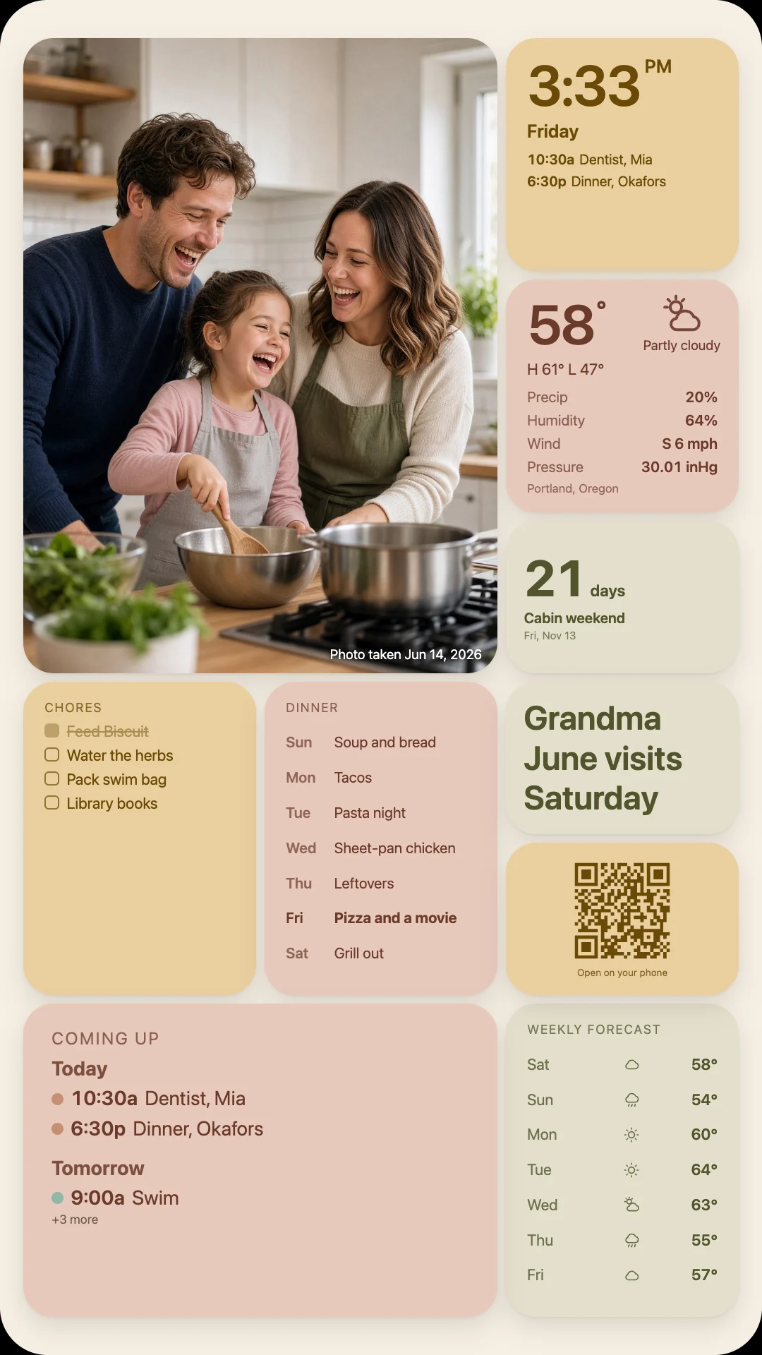 A wall with chores, the week's dinners, a countdown to a cabin weekend, a note, a QR code and the coming days.